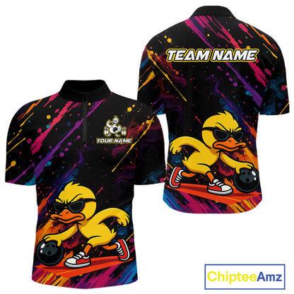 Custom short-sleeve athletic quarter-zip shirt shown from the front and back, featuring a yellow cartoon duck wearing sunglasses and bowling shoes on a colorful abstract paint-splatter background. The front has a custom logo area reading 'YOUR NAME', and the back has 'TEAM NAME' printed above the duck.