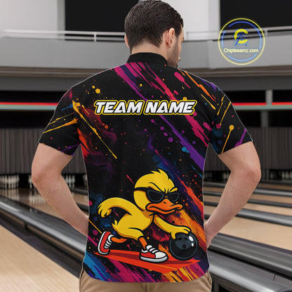 A man viewed from behind wearing a short-sleeve bowling shirt with a colorful abstract design and a cartoon duck holding a bowling ball. The shirt has 'TEAM NAME' printed across the upper back.