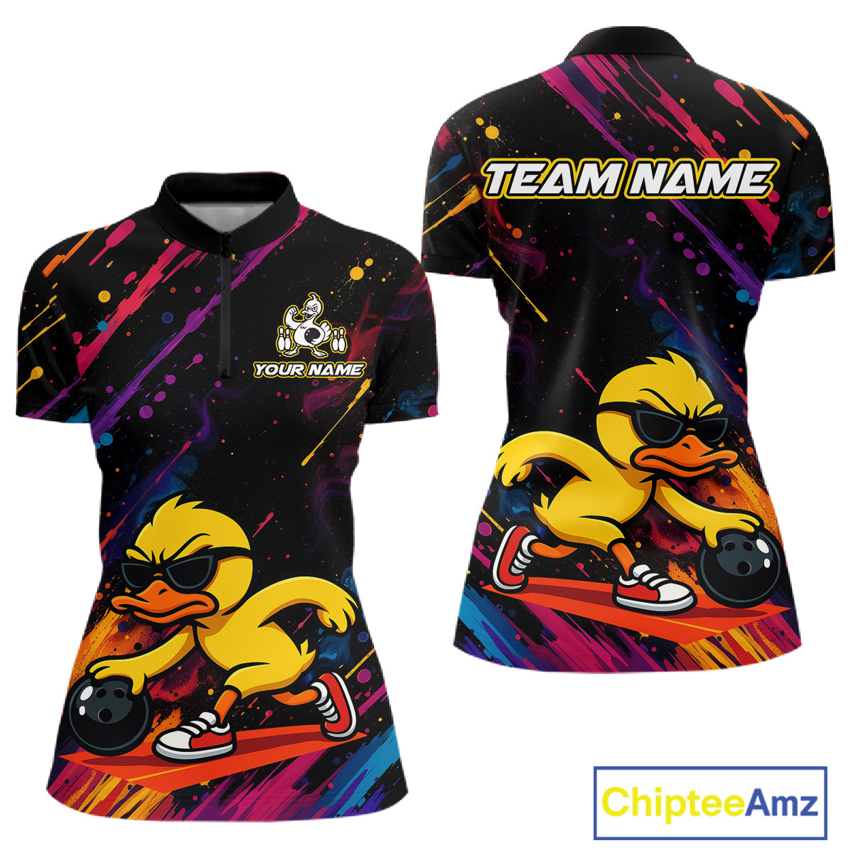 Front and back views of a custom short-sleeve polo shirt featuring a yellow cartoon duck wearing sunglasses and bowling shoes on a colorful abstract background. The front has a small custom logo and text area on the left chest, and the back has a large 'TEAM NAME' text across the shoulders.