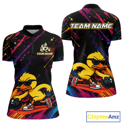 Front and back views of a custom short-sleeve polo shirt featuring a yellow cartoon duck wearing sunglasses and bowling shoes on a colorful abstract background. The front has a small custom logo and text area on the left chest, and the back has a large 'TEAM NAME' text across the shoulders.