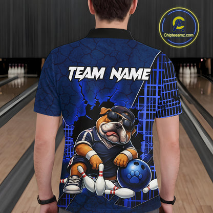 A person viewed from behind wearing a short-sleeve bowling-themed shirt with a large bulldog graphic and the words 'TEAM NAME' on the back. Bowling lanes are visible in the background
