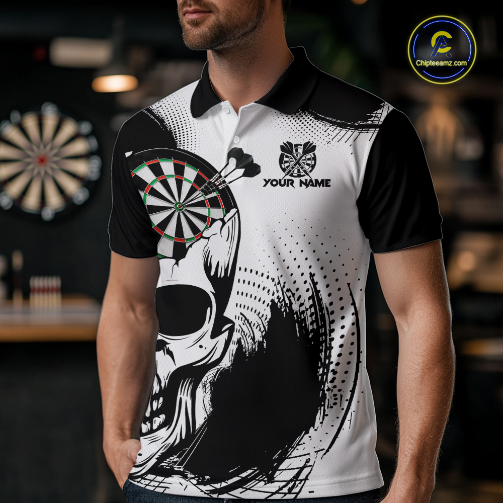 Personalized Skull Dart Shirts for Men Custom Black & White Dart Jersey Polo & Quarter-Zip Dartboard Shirt DHT24