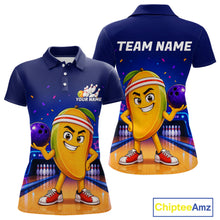 Load image into Gallery viewer, Navy blue polo shirt with cartoon mango character bowling, customizable text on a white background