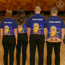 Load image into Gallery viewer, Four people wearing blue shirts with a cartoon character and 'TEAM NAME' text on a bowling alley background.