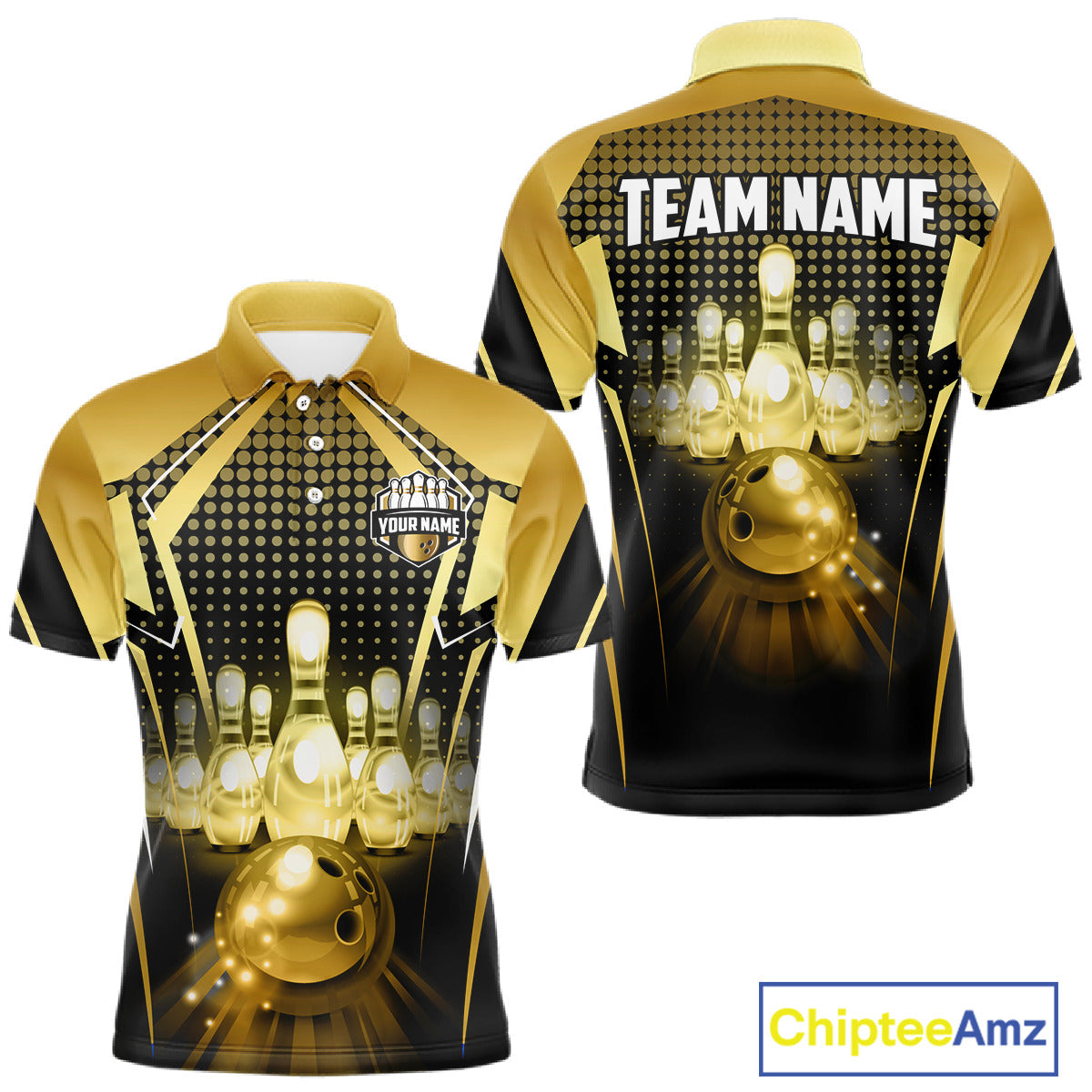 Front and back view custom black gold bowling polo shirt featuring a glowing bowling ball, illuminated bowling pins and gold geometric light beam pattern, personalized with team name and player name
