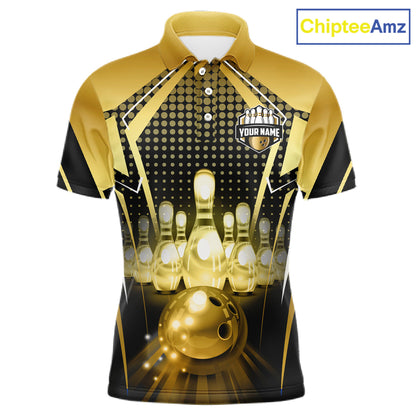 Front view custom black gold bowling polo shirt featuring a glowing bowling ball, illuminated bowling pins and gold geometric light beam pattern, personalized with player name