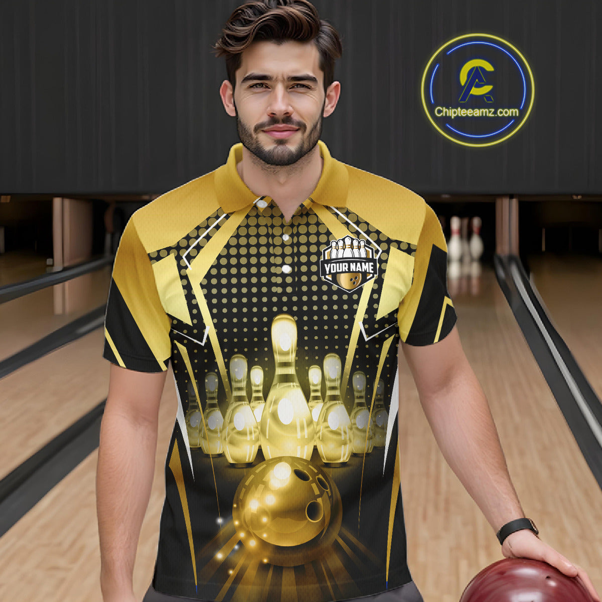 Male model wearing a custom black gold bowling polo shirt front view featuring a glowing bowling ball, illuminated bowling pins and gold geometric light beam pattern at the bowling alley