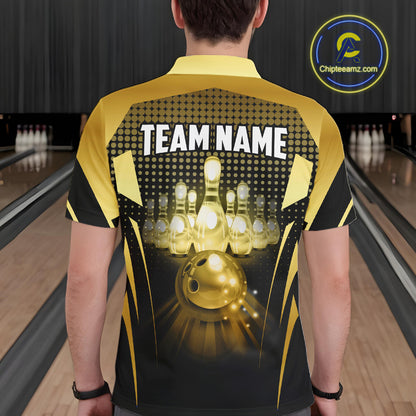 Male model wearing a custom black gold bowling polo shirt back view displaying the personalized team name above a glowing bowling ball and illuminated bowling pins graphic at the bowling alley