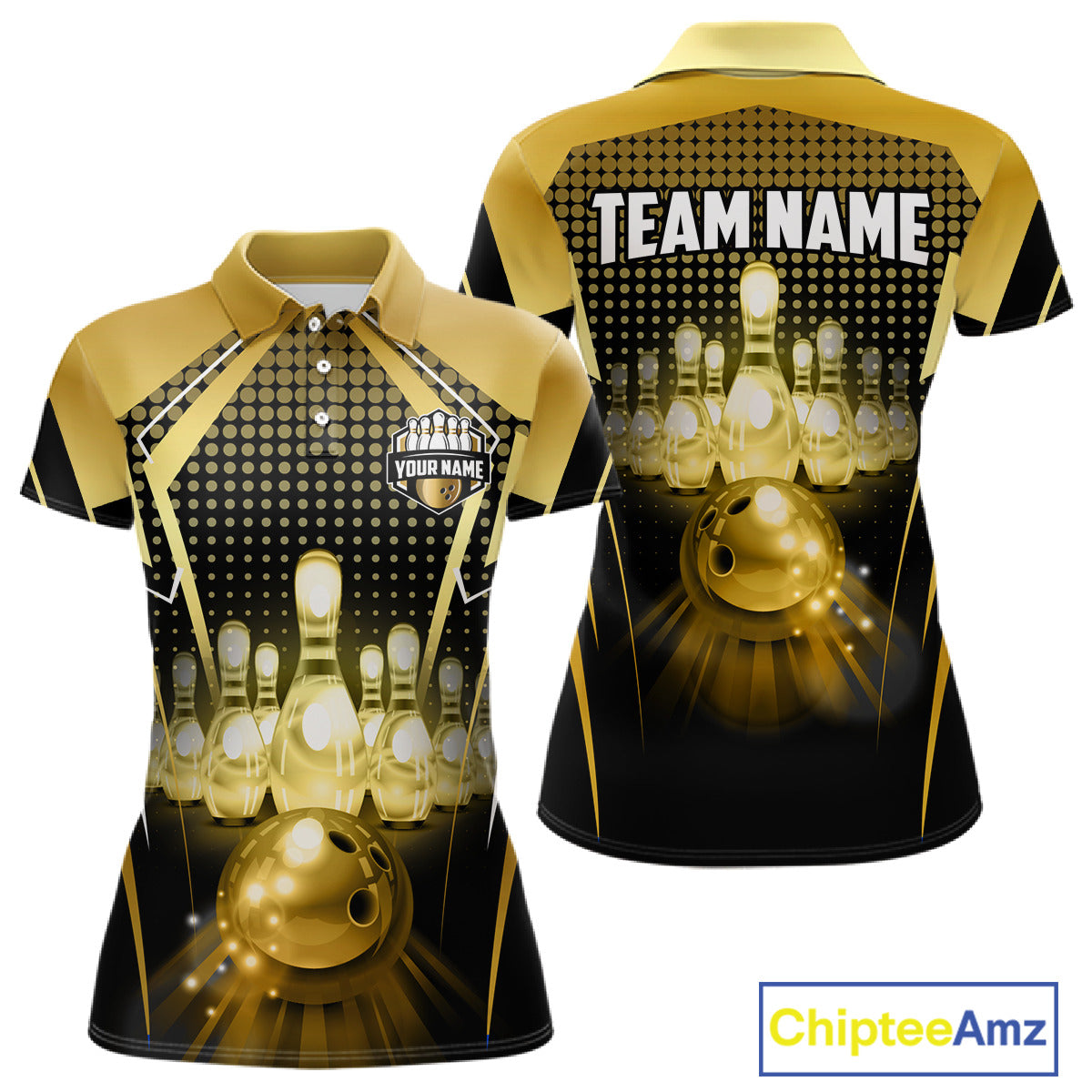 Front and back view custom black gold bowling polo shirt featuring a glowing bowling ball, illuminated bowling pins and gold geometric light beam pattern, personalized with team name and player name