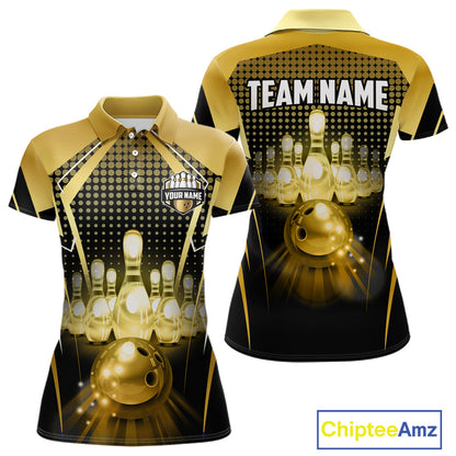 Front and back view custom black gold bowling polo shirt featuring a glowing bowling ball, illuminated bowling pins and gold geometric light beam pattern, personalized with team name and player name