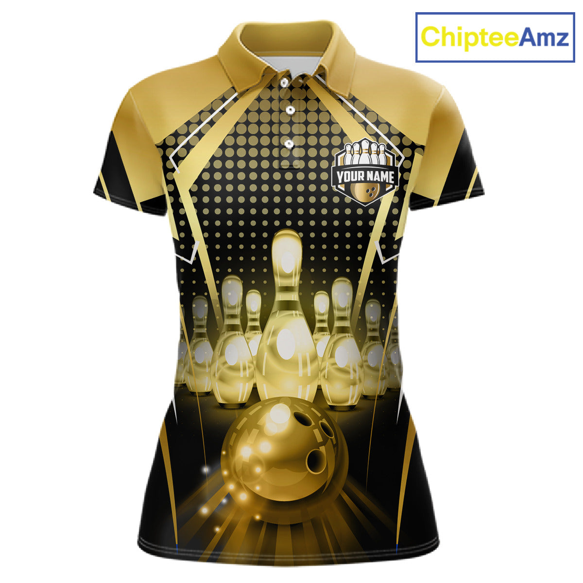 Front view custom black gold bowling polo shirt featuring a glowing bowling ball, illuminated bowling pins and gold geometric light beam pattern, personalized with player name