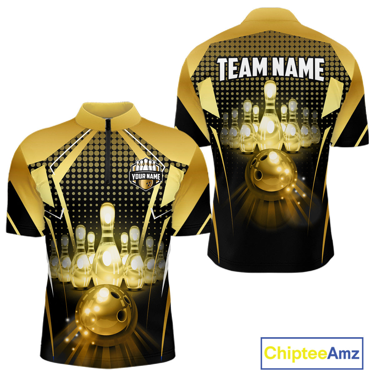 Front and back view custom black gold bowling quarter-zip shirt featuring a glowing bowling ball, illuminated bowling pins and gold geometric light beam design, personalized with team name and player name