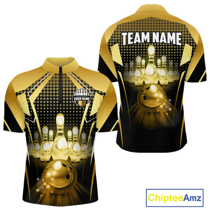 Front and back view custom black gold bowling quarter-zip shirt featuring a glowing bowling ball, illuminated bowling pins and gold geometric light beam design, personalized with team name and player name