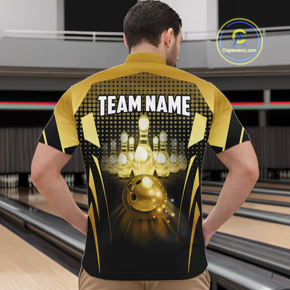 Male model wearing a custom black gold bowling quarter-zip shirt back view displaying the personalized team name above a glowing bowling ball and illuminated bowling pins graphic at the bowling alley