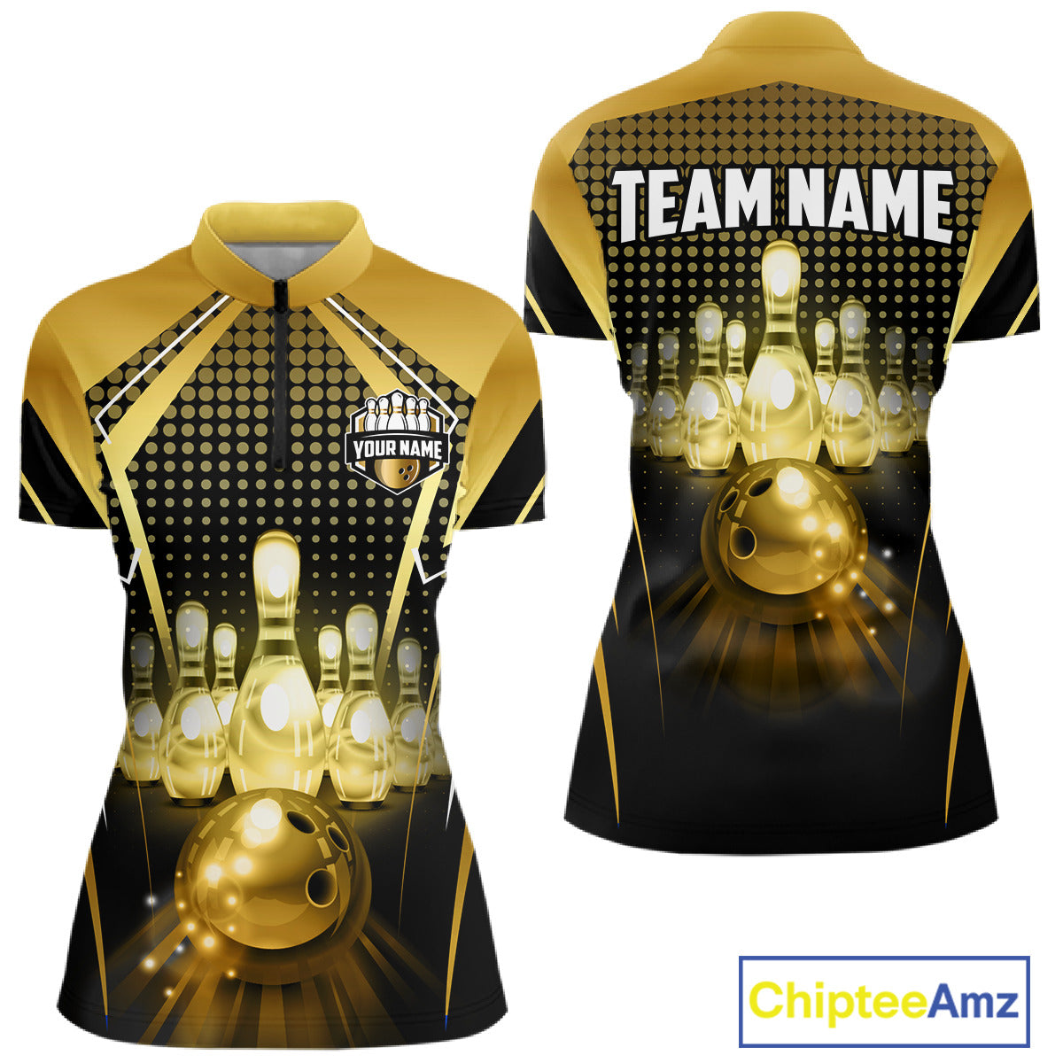 Front and back view custom black gold bowling quarter-zip shirt featuring a glowing bowling ball, illuminated bowling pins and gold geometric light beam design, personalized with team name and player name