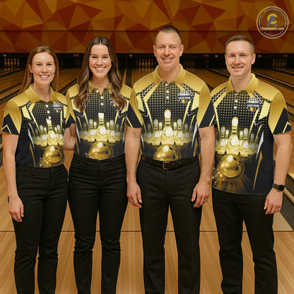 Group of four wearing custom black gold bowling shirts front view featuring glowing bowling ball artwork, illuminated bowling pins and gold geometric light beam pattern at the bowling alley