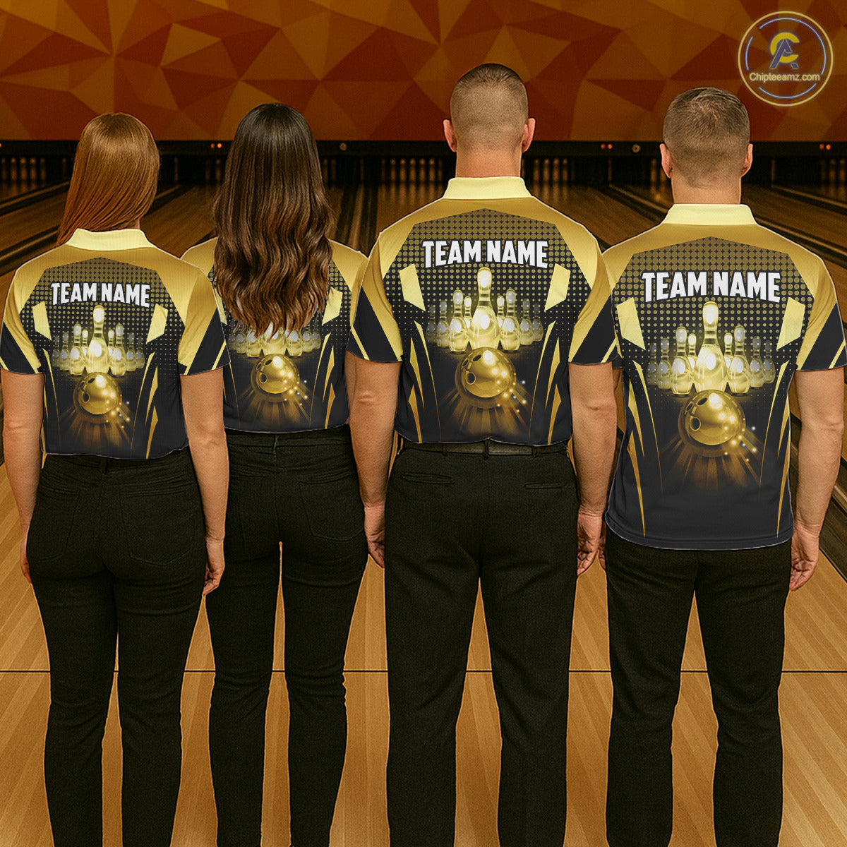 Group of four wearing custom black gold bowling shirts back view displaying personalized team names above glowing bowling ball artwork on a black gold geometric light beam background at the bowling alley