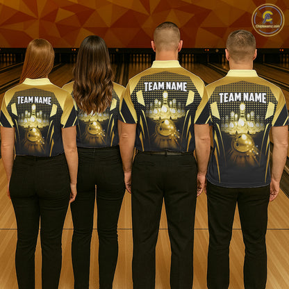 Group of four wearing custom black gold bowling shirts back view displaying personalized team names above glowing bowling ball artwork on a black gold geometric light beam background at the bowling alley