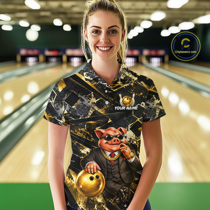 Custom Funny Mafia Pig Bowling Shirt, Black and Gold Bowling League Jersey for Women, Bowling Outfit QZT1203