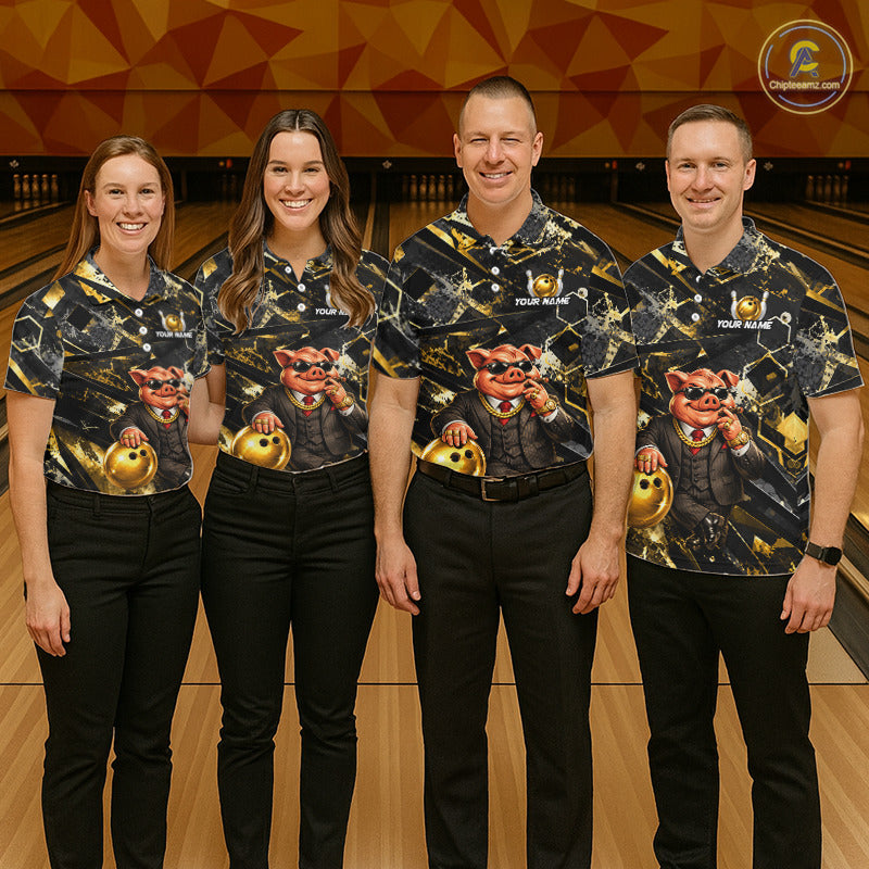Custom Funny Mafia Pig Bowling Shirt, Black and Gold Bowling League Jersey for Women, Bowling Outfit QZT1203