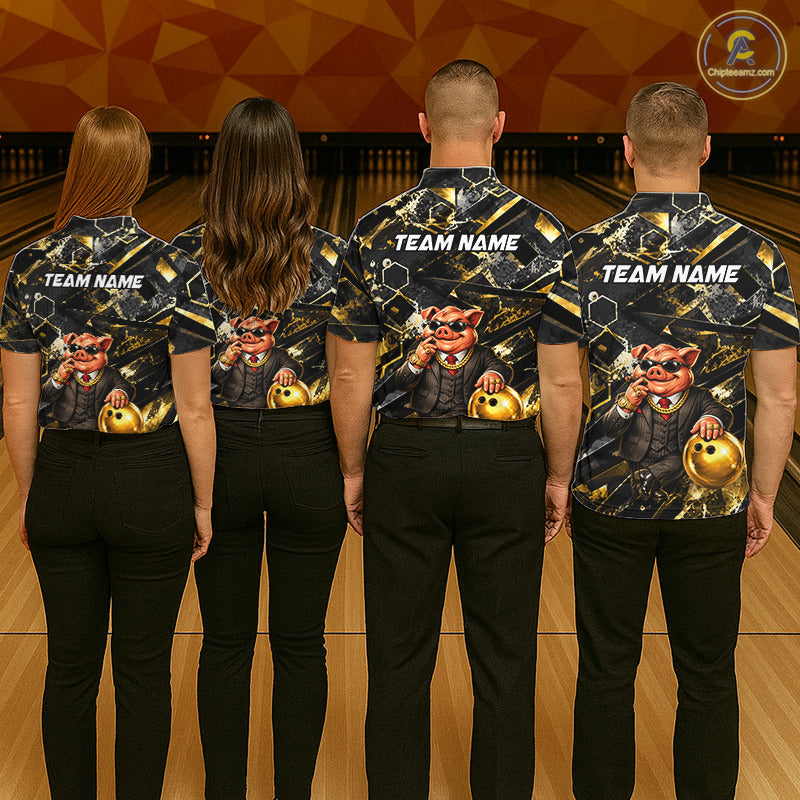 Custom Funny Mafia Pig Bowling Shirt, Black and Gold Bowling League Jersey for Women, Bowling Outfit QZT1203