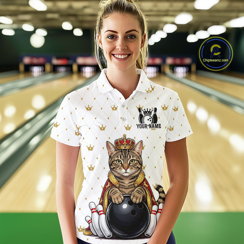 Funny Cat King Bowling Shirt, Custom Crown Bowling League Jersey for Women, Bowling Outfit QZT1202
