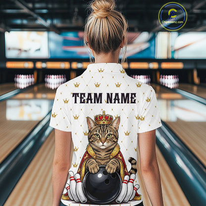 Funny Cat King Bowling Shirt, Custom Crown Bowling League Jersey for Women, Bowling Outfit QZT1202