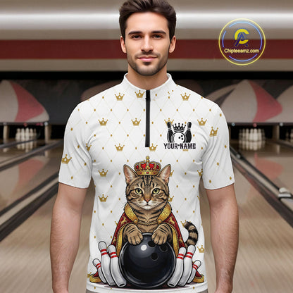 Funny Cat King Bowling Shirt, Custom Crown Bowling League Jersey for Men, Bowling Outfit QZT1202