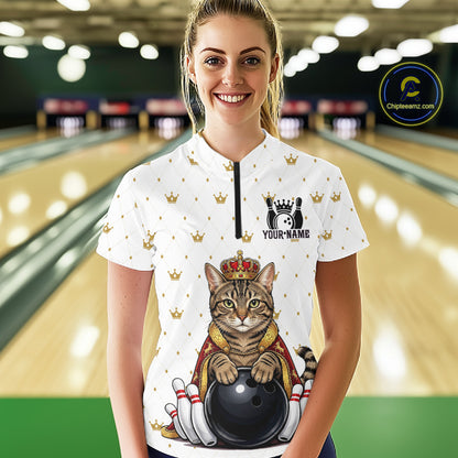 Funny Cat King Bowling Shirt, Custom Crown Bowling League Jersey for Women, Bowling Outfit QZT1202