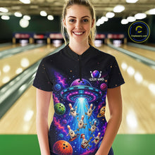 Load image into Gallery viewer, Person wearing a colorful bowling shirt with alien design in a bowling alley.