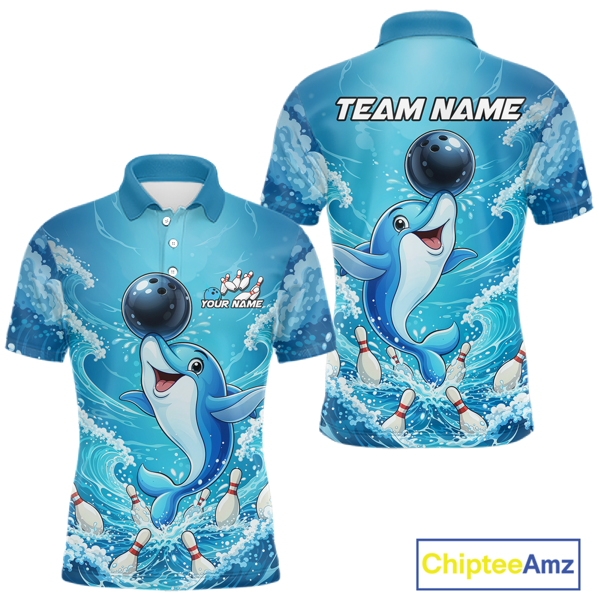 Custom Funny Dolphin Bowling Polo Shirt Blue Ocean Theme Team Jersey Bowling Outfit for Men QZT857