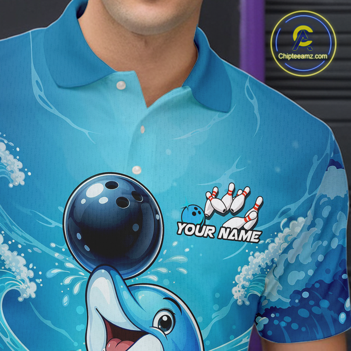 Custom Funny Dolphin Bowling Polo Shirt Blue Ocean Theme Team Jersey Bowling Outfit for Men QZT857