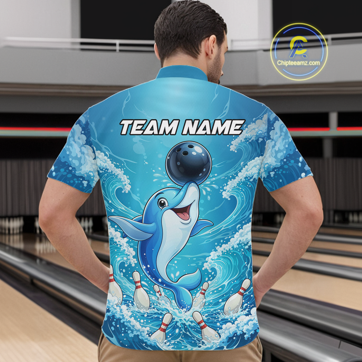 Custom Funny Dolphin Bowling Polo Shirt Blue Ocean Theme Team Jersey Bowling Outfit for Men QZT857
