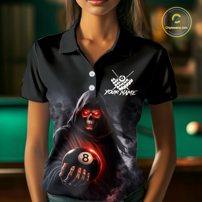 Custom Grim Reaper Billiard Shirts for Women 8 Ball Pool Shirt Polo & Quarter-Zip Billiard Jersey Unisex BHT7