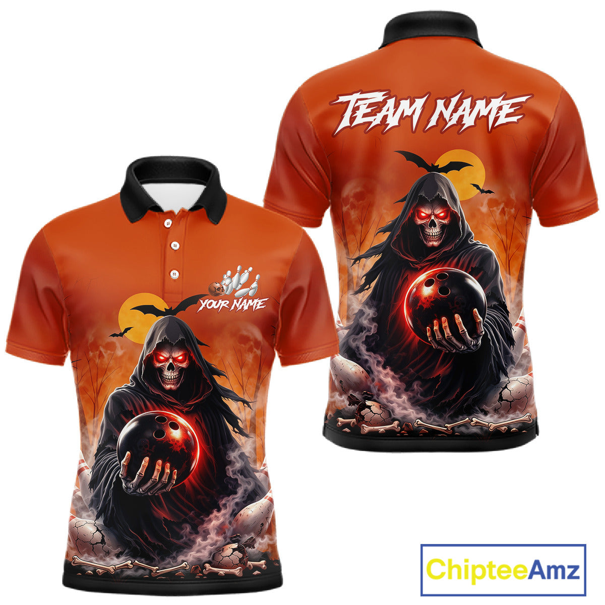 Front and back view custom orange grim reaper bowling polo shirt featuring a hooded grim reaper holding a glowing bowling ball, fiery smoke effect and sunset background, personalized with team name and player name