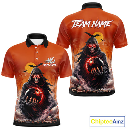 Front and back view custom orange grim reaper bowling polo shirt featuring a hooded grim reaper holding a glowing bowling ball, fiery smoke effect and sunset background, personalized with team name and player name