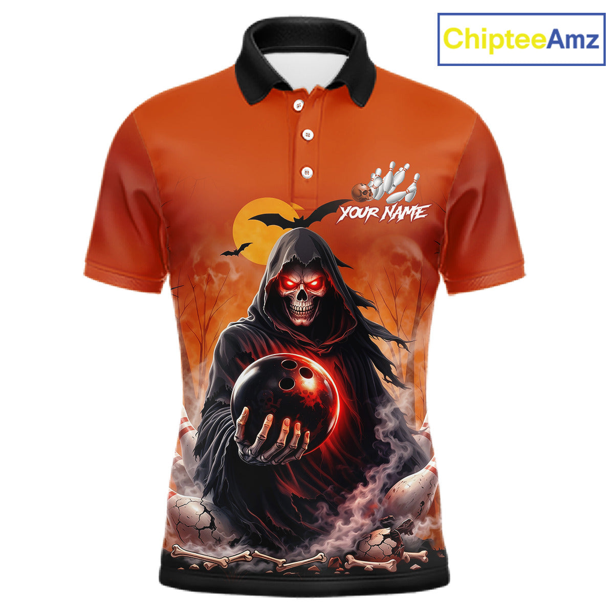 Front view custom orange grim reaper bowling polo shirt featuring a hooded grim reaper holding a glowing bowling ball, fiery smoke effect and sunset background, personalized with player name