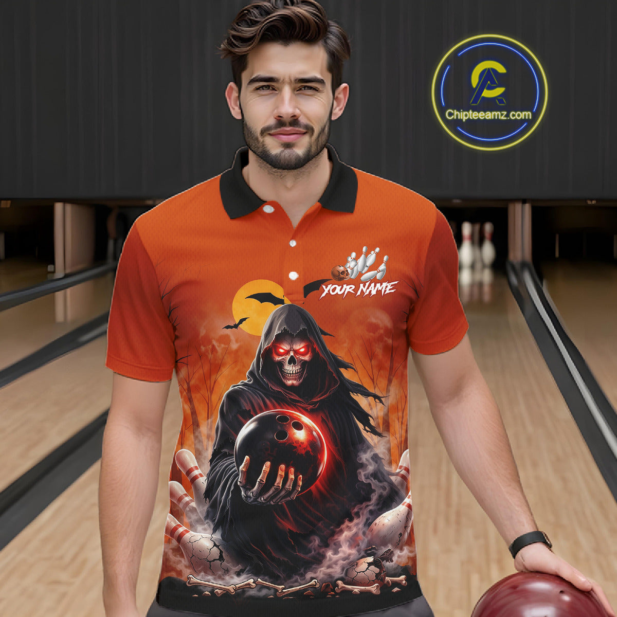 Male model wearing a custom orange grim reaper bowling polo shirt front view featuring a hooded grim reaper, glowing bowling ball, fiery smoke effect and sunset background at the bowling alley