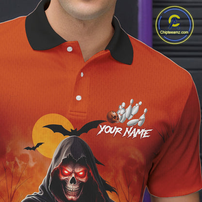 Close-up front view of a custom orange grim reaper bowling polo shirt showing the personalized player name, hooded grim reaper graphic and fiery sunset design
