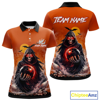 Front and back view custom orange grim reaper bowling polo shirt featuring a hooded grim reaper holding a glowing bowling ball, fiery smoke effect and sunset background, personalized with team name and player name