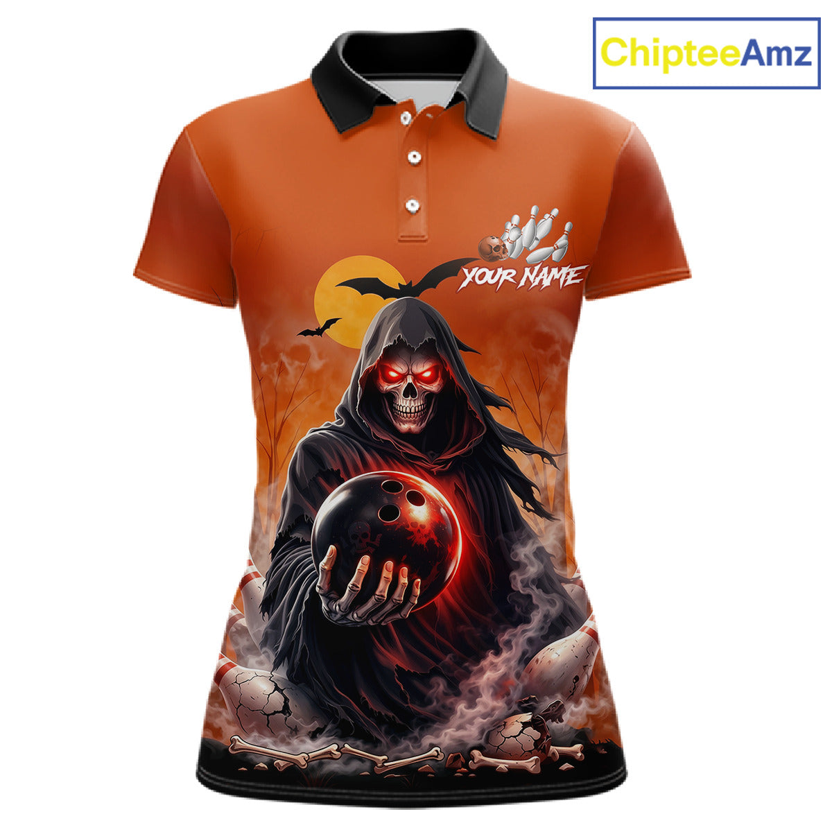 Front view custom orange grim reaper bowling polo shirt featuring a hooded grim reaper holding a glowing bowling ball, fiery smoke effect and sunset background, personalized with player name