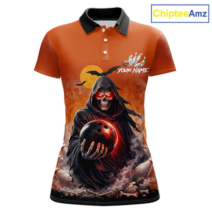 Front view custom orange grim reaper bowling polo shirt featuring a hooded grim reaper holding a glowing bowling ball, fiery smoke effect and sunset background, personalized with player name