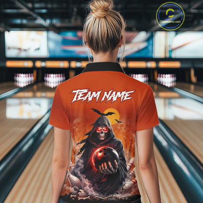 Female model wearing a custom orange grim reaper bowling polo shirt back view displaying the personalized team name above a hooded grim reaper artwork at the bowling alley