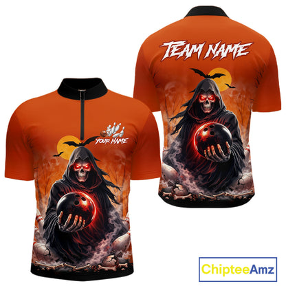 Front and back view custom orange grim reaper bowling quarter-zip shirt featuring a hooded grim reaper holding a glowing bowling ball, fiery smoke effect and sunset background, personalized with team name and player name