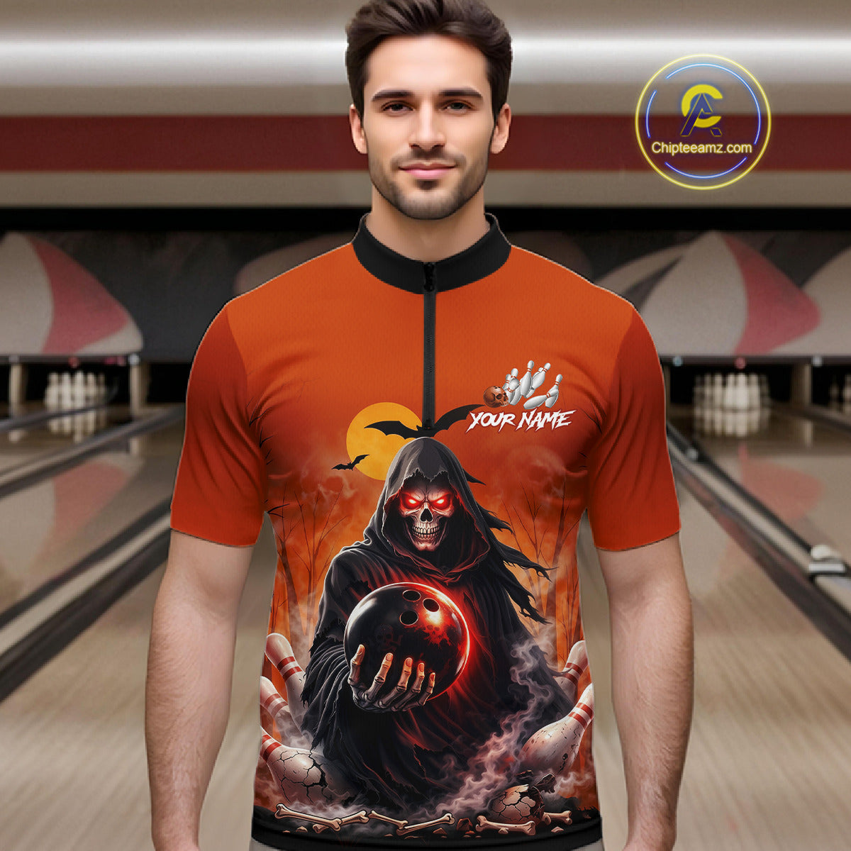 Male model wearing a custom orange grim reaper bowling quarter-zip shirt front view featuring a hooded grim reaper, glowing bowling ball, fiery smoke effect and sunset background at the bowling alley