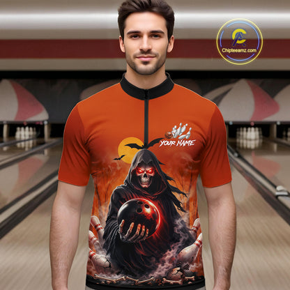 Male model wearing a custom orange grim reaper bowling quarter-zip shirt front view featuring a hooded grim reaper, glowing bowling ball, fiery smoke effect and sunset background at the bowling alley