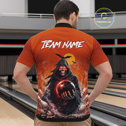 Male model wearing a custom orange grim reaper bowling quarter-zip shirt back view displaying the personalized team name above a hooded grim reaper artwork at the bowling alley