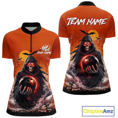 Front and back view custom orange grim reaper bowling quarter-zip shirt featuring a hooded grim reaper holding a glowing bowling ball, fiery smoke effect and sunset background, personalized with team name and player name