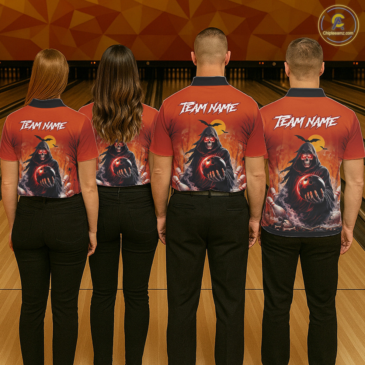 Group of four wearing custom orange grim reaper bowling shirts back view displaying personalized team names above hooded grim reaper artwork on a fiery sunset background at the bowling alley