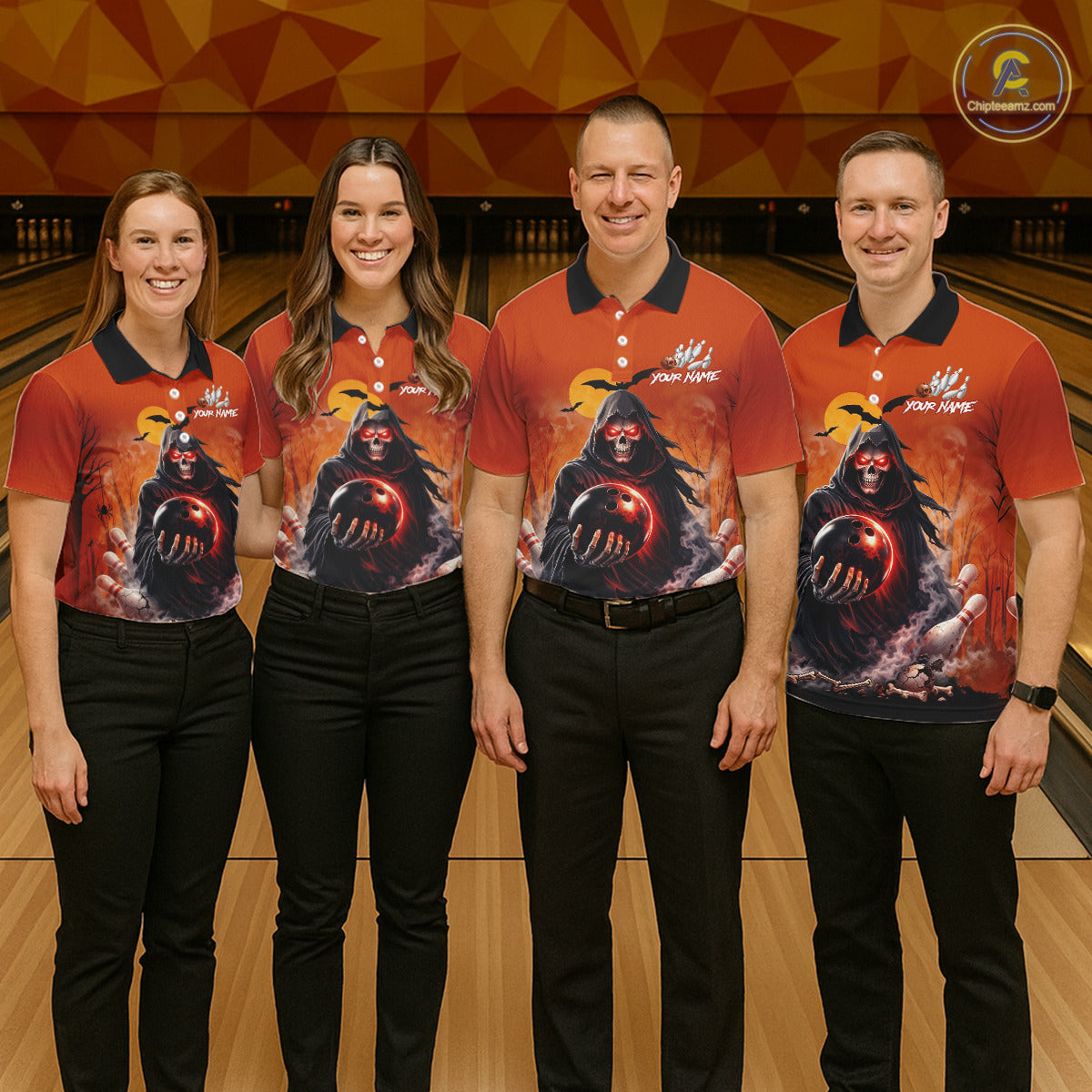 Group of four wearing custom orange grim reaper bowling shirts front view featuring hooded grim reaper artwork with glowing bowling ball, fiery smoke effect and sunset background at the bowling alley